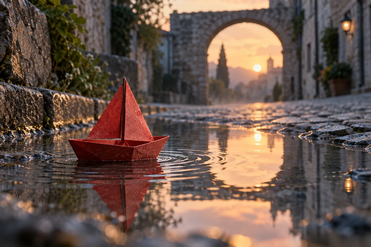 Illustratives rotes Papiersegelboot in einer Pfütze bei Sonnenaufgang mit Freiraum um die Silhouette