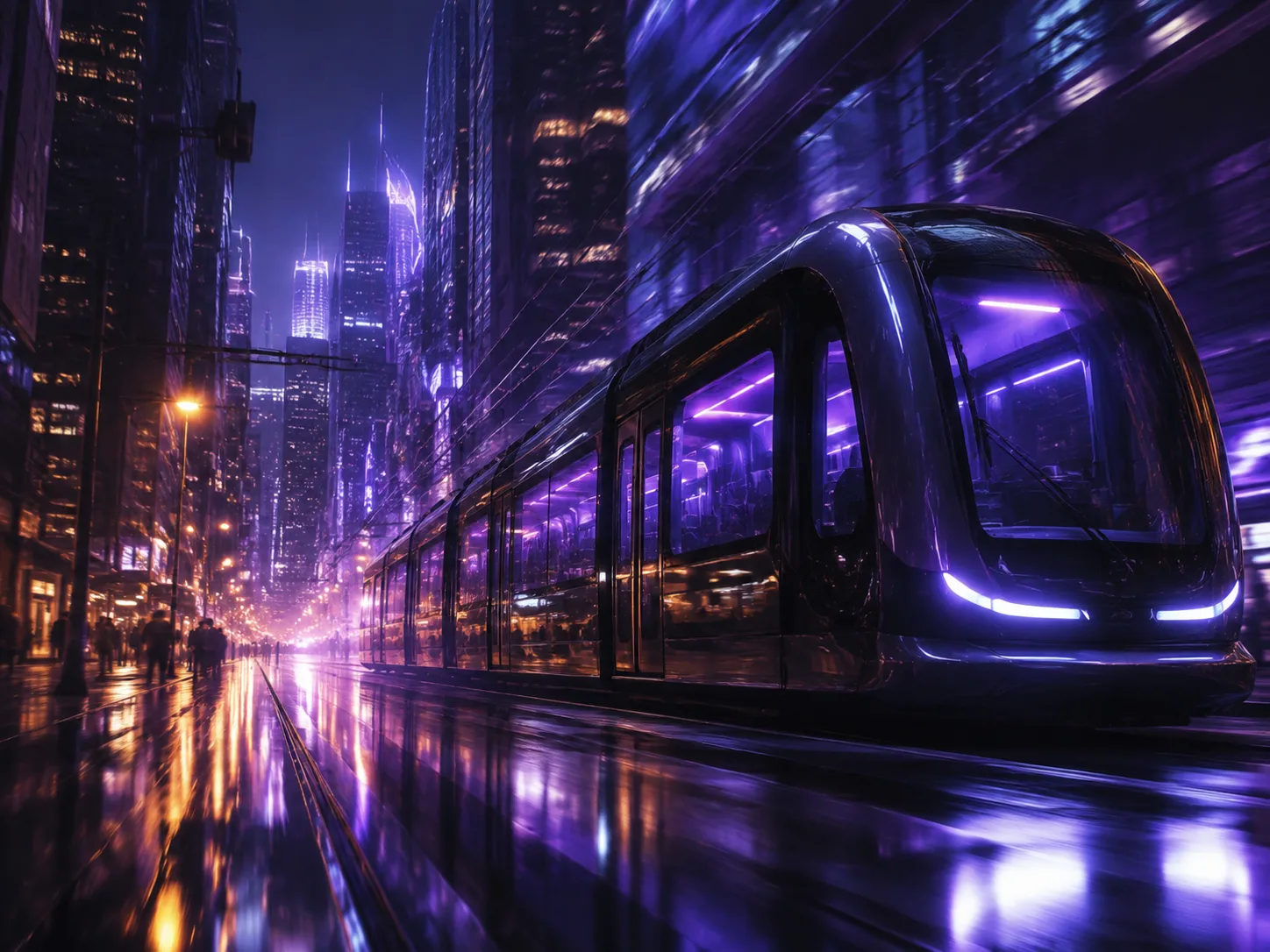 A cinematic move through a rain-lit avenue